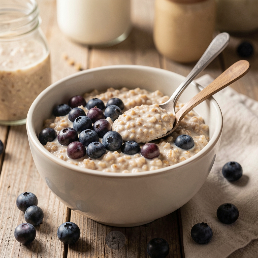 Schüssel mit warmem Haferporridge, frischen Heidelbeeren und einem Teelöffel Walnussmus, Morgenstimmung